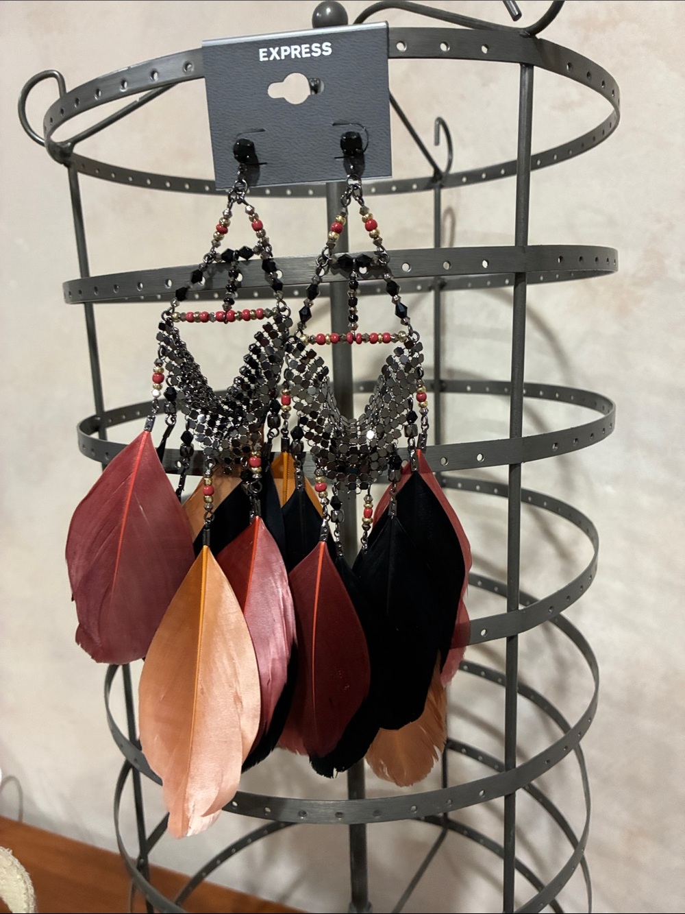 Express Multi-Color Feather & Bead Chandelier Earrings - Black, Rust, Peach